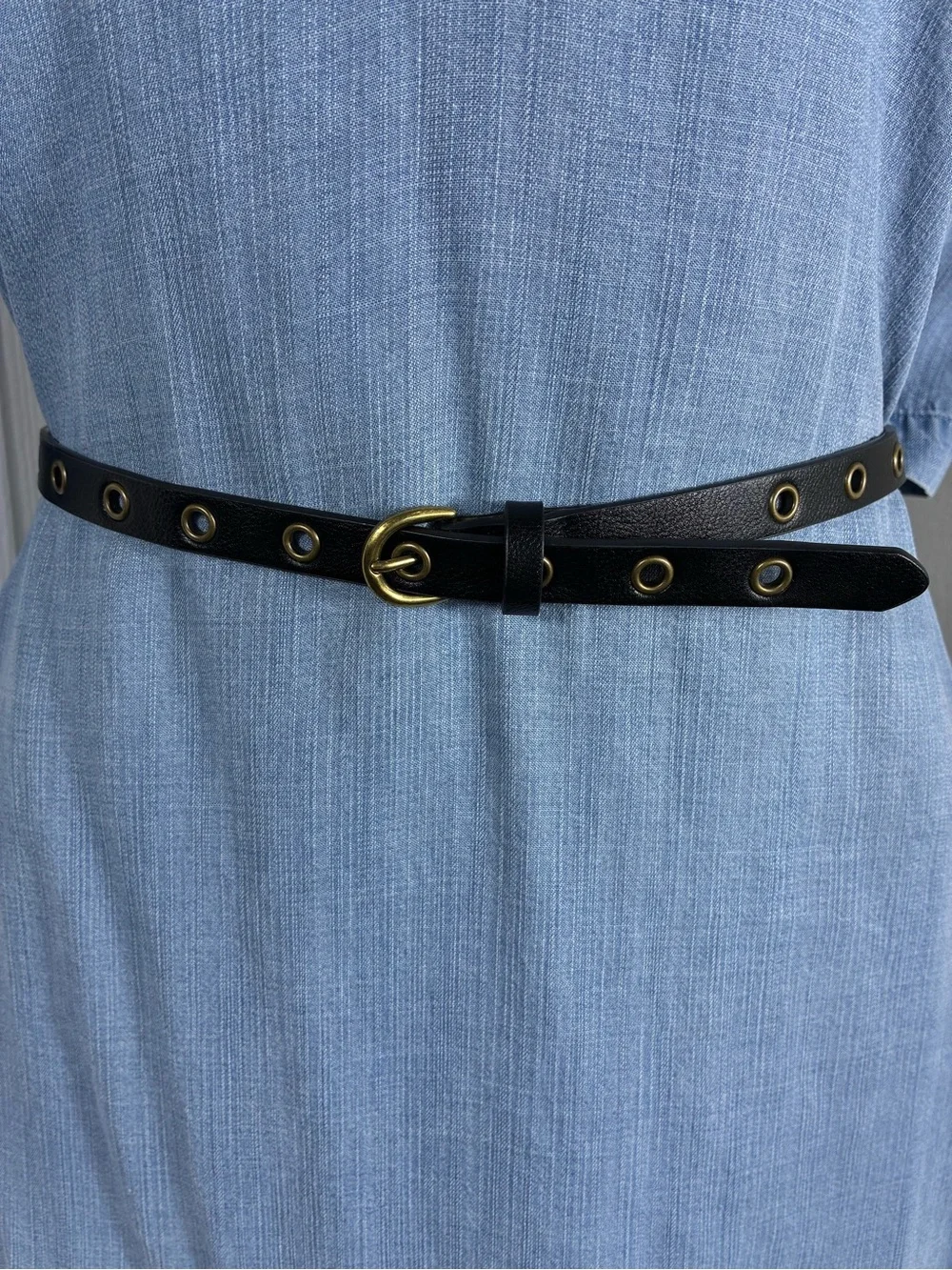 Womens belt 40” long Black Leather with Brass-Tone Buckle metal rings
